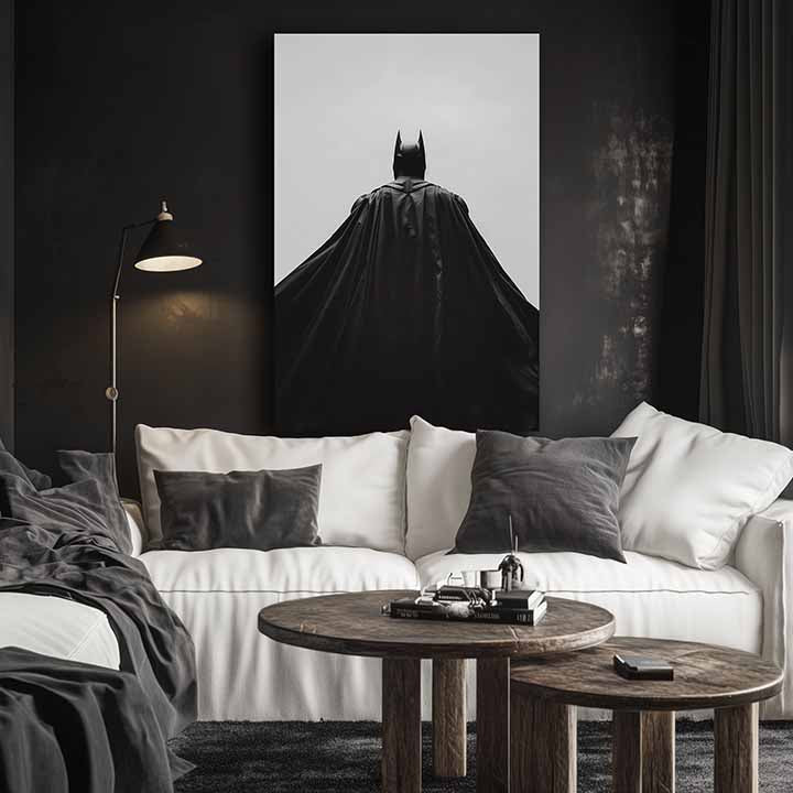 Modern vászonkép motívummal: Batman: Strážca noci fekete-fehér árnyalatokban, drámai hangulat, magány és erő és hatalom | Kép Batman: Strážca noci – termék