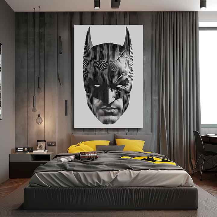 Modern vászonkép motívummal: Batman: Hlava spravodlivosti, maszk fekete-fehér árnyalatokban, intenzív hangulat | Kép Batman: Hlava spravodlivosti – termék