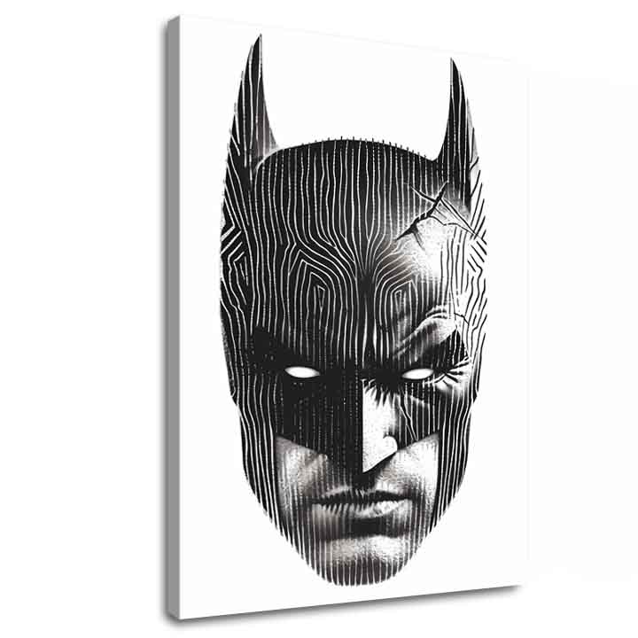 Modern vászonkép motívummal: Batman: Hlava spravodlivosti, maszk fekete-fehér árnyalatokban, intenzív hangulat | Kép Batman: Hlava spravodlivosti – fő