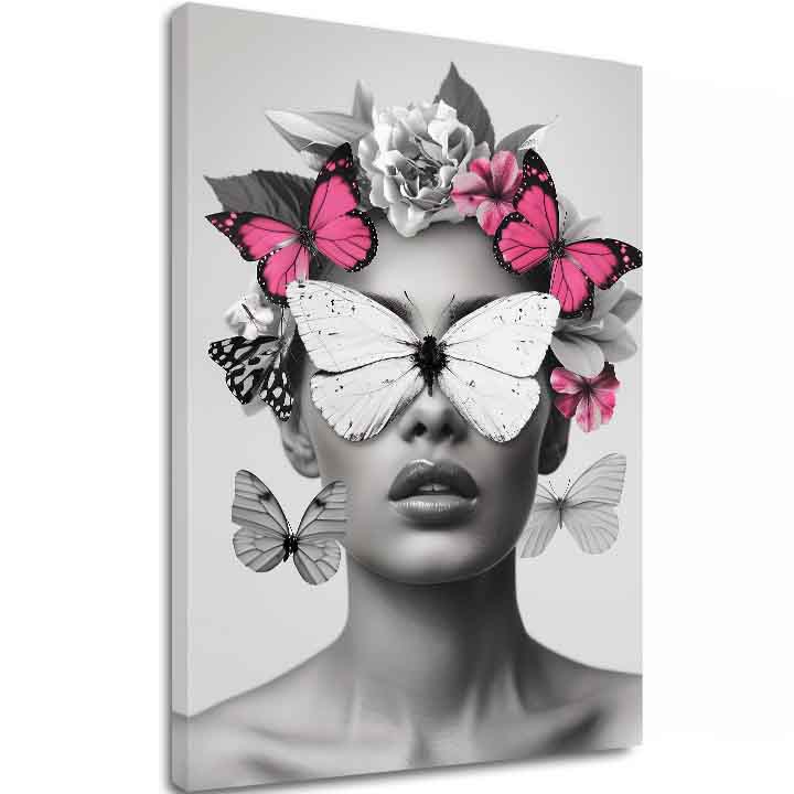 Modern vászonkép motívummal: Butterfly Vision, pillangók, virágok fehér-fekete árnyalatokban, éteri hangulat, szépség és álmok | Kép Butterfly Vision – fő
