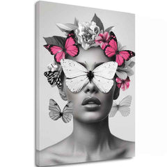 Modern vászonkép motívummal: Butterfly Vision, pillangók, virágok fehér-fekete árnyalatokban, éteri hangulat, szépség és álmok | Kép Butterfly Vision – fő