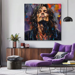 Modern vászonkép motívummal: Chris Cornell - Hlas grunge scény lila-narancs árnyalatokban, rock and roll | Kép Chris Cornell - Hlas grunge scény – termék