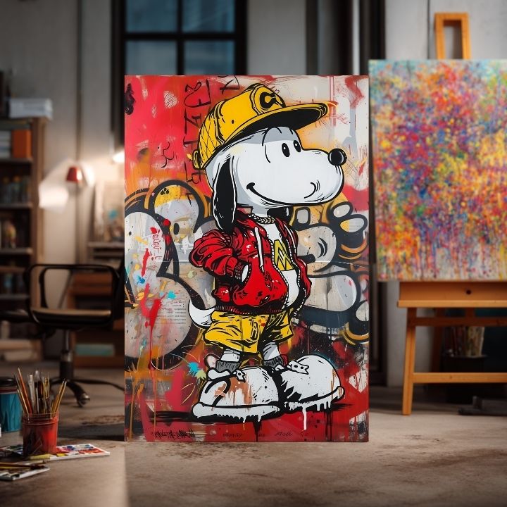 Modern vászonkép motívummal: Cool Snoopy na vásznon piros-sárga árnyalatokban, energikus hangulat, popkultúra és városi élet | Kép Cool Snoopy na vásznon – termék, nézet 2