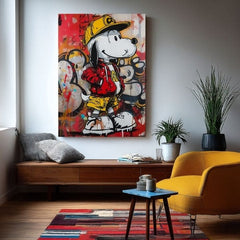 Modern vászonkép motívummal: Cool Snoopy na vásznon piros-sárga árnyalatokban, energikus hangulat, popkultúra és városi élet | Kép Cool Snoopy na vásznon – termék