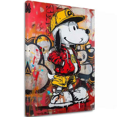 Modern vászonkép motívummal: Cool Snoopy na vásznon piros-sárga árnyalatokban, energikus hangulat, popkultúra és városi élet | Kép Cool Snoopy na vásznon – fő