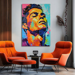 Modern vászonkép motívummal: Cristiano Ronaldo - Energia víťaza narancs-lila árnyalatokban, energikus hangulat, dicsőség | Kép Cristiano Ronaldo - Energia víťaza – termék, nézet 2