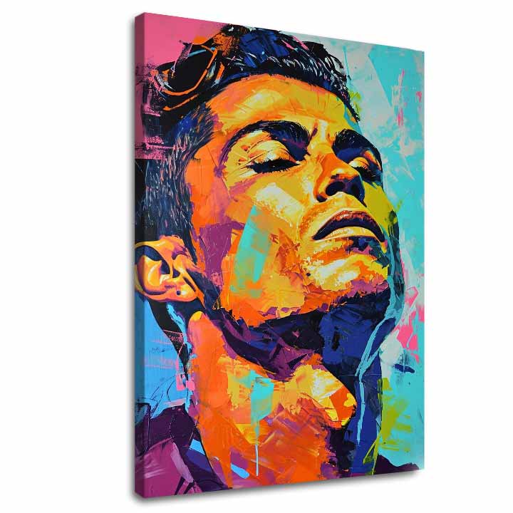 Modern vászonkép motívummal: Cristiano Ronaldo - Energia víťaza narancs-lila árnyalatokban, energikus hangulat, dicsőség | Kép Cristiano Ronaldo - Energia víťaza – fő