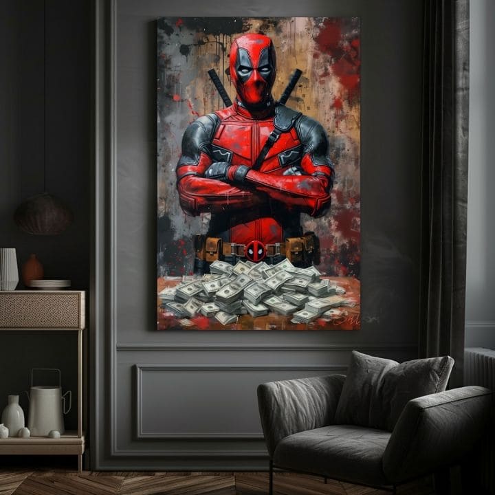 Modern vászonkép motívummal: Deadpool: Peniaze és chaos fekete árnyalatokban | Kép Deadpool: Peniaze és chaos, fali dekoráció – termék, nézet 2