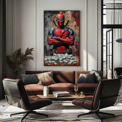 Modern vászonkép motívummal: Deadpool: Peniaze és chaos fekete árnyalatokban | Kép Deadpool: Peniaze és chaos, fali dekoráció – termék, nézet 3