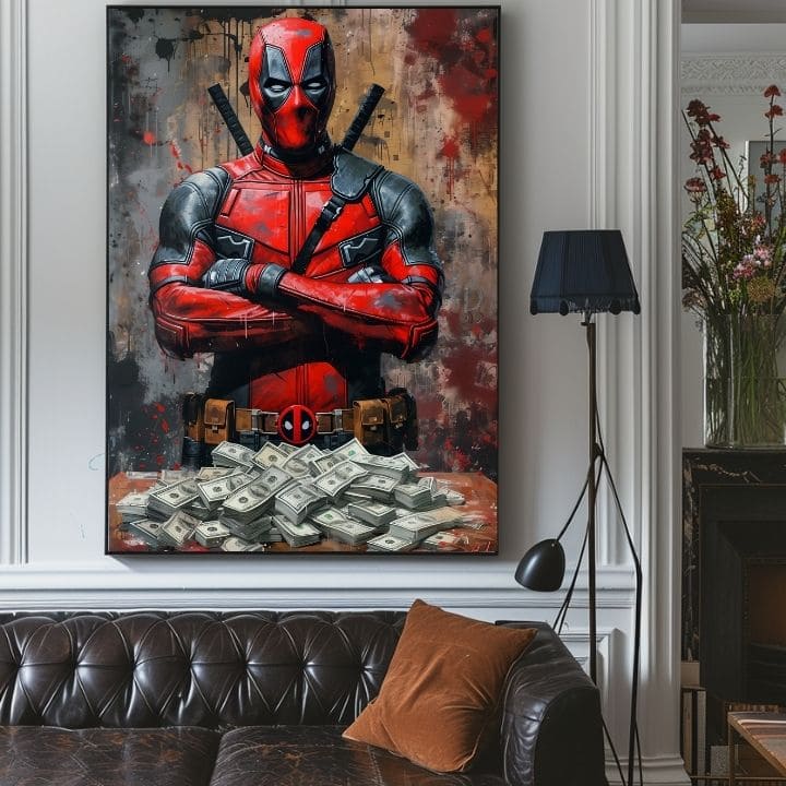 Modern vászonkép motívummal: Deadpool: Peniaze és chaos fekete árnyalatokban | Kép Deadpool: Peniaze és chaos, fali dekoráció – termék, nézet 4