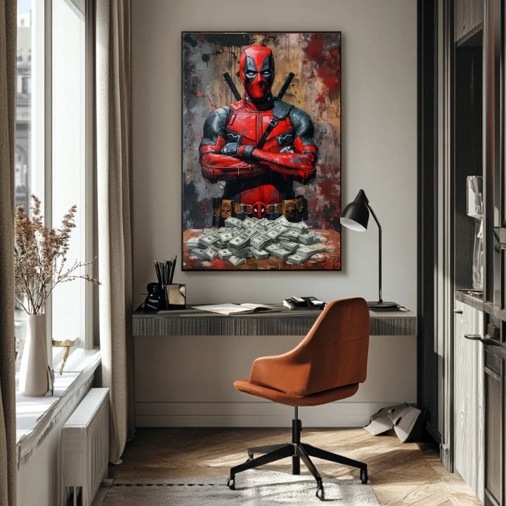 Modern vászonkép motívummal: Deadpool: Peniaze és chaos fekete árnyalatokban | Kép Deadpool: Peniaze és chaos, fali dekoráció – termék, nézet 5
