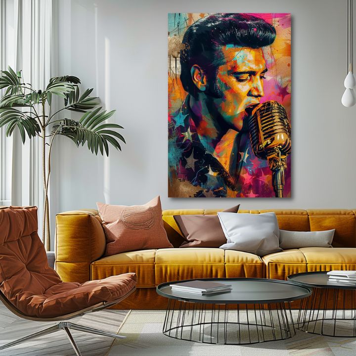 Modern vászonkép motívummal: Elvis Presley - Zlatý hlas rock’n’rollu, mikrofon narancs-lila árnyalatokban, energikus hangulat | Kép Elvis Presley - Zlatý hlas rock’n’rollu – p..., nézet 2
