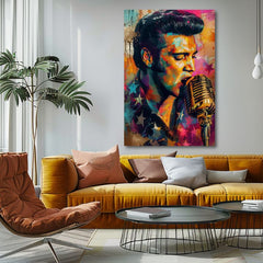 Modern vászonkép motívummal: Elvis Presley - Zlatý hlas rock’n’rollu, mikrofon narancs-lila árnyalatokban, energikus hangulat | Kép Elvis Presley - Zlatý hlas rock’n’rollu – p..., nézet 2