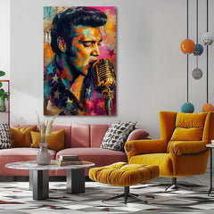 Modern vászonkép motívummal: Elvis Presley - Zlatý hlas rock’n’rollu, mikrofon narancs-lila árnyalatokban, energikus hangulat | Kép Elvis Presley - Zlatý hlas rock’n’rollu – termék