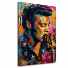 Modern vászonkép motívummal: Elvis Presley - Zlatý hlas rock’n’rollu, mikrofon narancs-lila árnyalatokban, energikus hangulat | Kép Elvis Presley - Zlatý hlas rock’n’rollu – fő