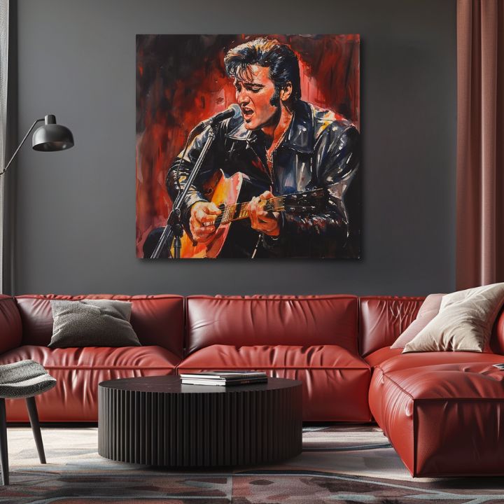 Modern vászonkép motívummal: Elvis Presley - Ikona na pódiu, gitár, mikrofon fekete-piros árnyalatokban, szenvedélyes hangulat | Kép Elvis Presley - Ikona na pódiu – termék