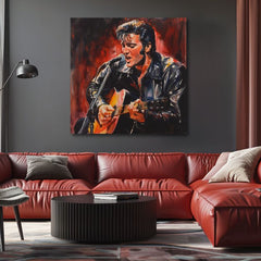 Modern vászonkép motívummal: Elvis Presley - Ikona na pódiu, gitár, mikrofon fekete-piros árnyalatokban, szenvedélyes hangulat | Kép Elvis Presley - Ikona na pódiu – termék