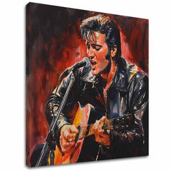 Modern vászonkép motívummal: Elvis Presley - Ikona na pódiu, gitár, mikrofon fekete-piros árnyalatokban, szenvedélyes hangulat | Kép Elvis Presley - Ikona na pódiu – fő
