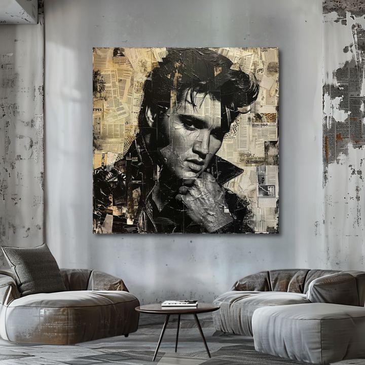 Modern vászonkép motívummal: Elvis Presley - Rockový génius fekete-fehér árnyalatokban, nosztalgikus hangulat, zenei történelem és dicsőség – termék