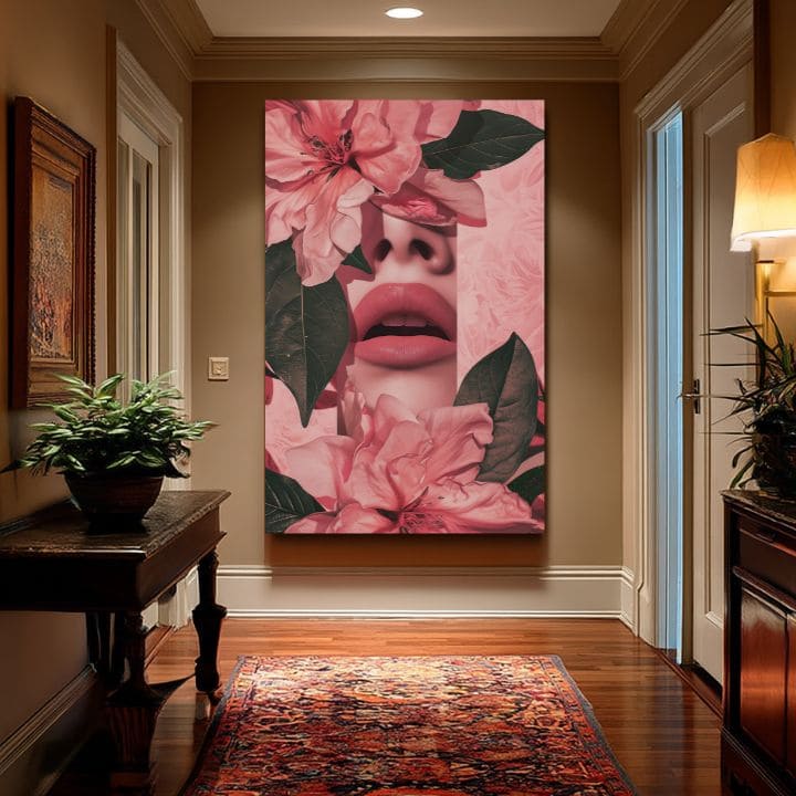 Modern vászonkép motívummal: Floral Lips rózsaszín-zöld árnyalatokban, romantikus hangulat, természet és szépség | Kép Floral Lips – termék, nézet 2