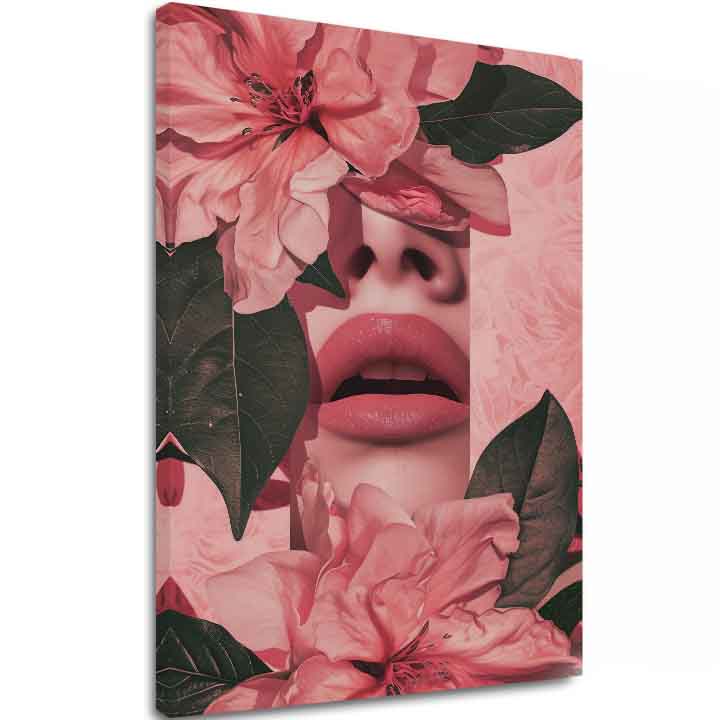Modern vászonkép motívummal: Floral Lips rózsaszín-zöld árnyalatokban, romantikus hangulat, természet és szépség | Kép Floral Lips – fő