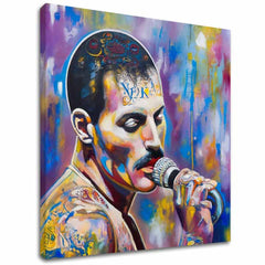 Modern vászonkép motívummal: Freddie Mercury - Legenda pod reflektormi, mikrofon lila-arany árnyalatokban, energikus hangulat | Kép Freddie Mercury - Legenda pod reflektormi – fő