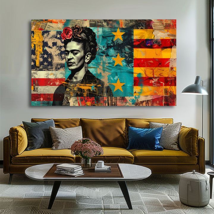 Modern vászonkép motívummal: Frida Kahlo - Kultúrny odkaz, virágok piros-türkiz árnyalatokban, merész hangulat | Kép Frida Kahlo - Kultúrny odkaz – termék, nézet 2