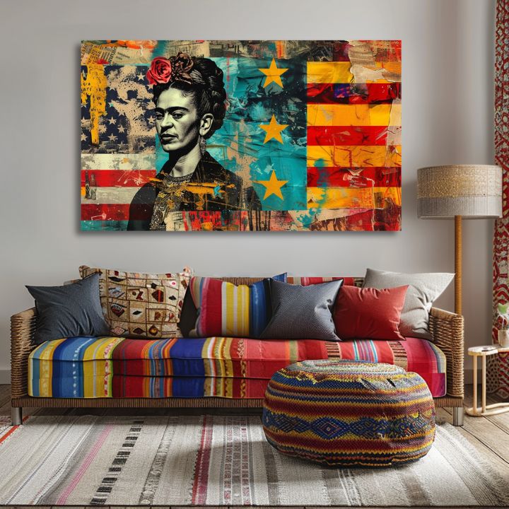 Modern vászonkép motívummal: Frida Kahlo - Kultúrny odkaz, virágok piros-türkiz árnyalatokban, merész hangulat | Kép Frida Kahlo - Kultúrny odkaz – termék