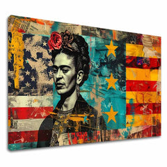 Modern vászonkép motívummal: Frida Kahlo - Kultúrny odkaz, virágok piros-türkiz árnyalatokban, merész hangulat | Kép Frida Kahlo - Kultúrny odkaz – fő