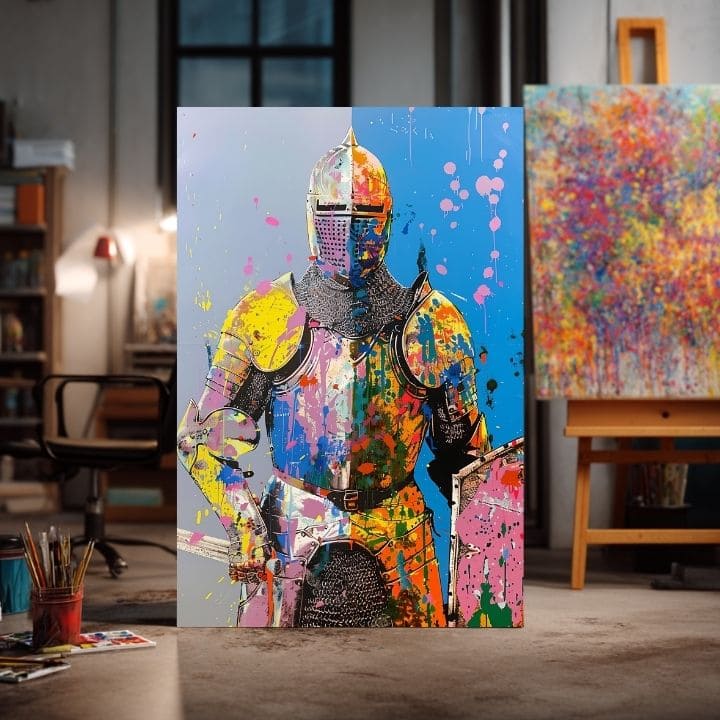 Modern vászonkép motívummal: Graffiti Knight, štít sárga-narancs árnyalatokban, energikus hangulat, erő | Kép Graffiti Knight – termék, nézet 2
