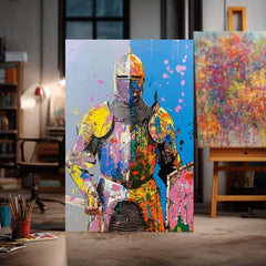 Modern vászonkép motívummal: Graffiti Knight, štít sárga-narancs árnyalatokban, energikus hangulat, erő | Kép Graffiti Knight – termék, nézet 2