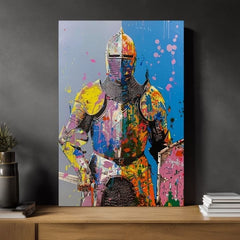 Modern vászonkép motívummal: Graffiti Knight, štít sárga-narancs árnyalatokban, energikus hangulat, erő | Kép Graffiti Knight – termék