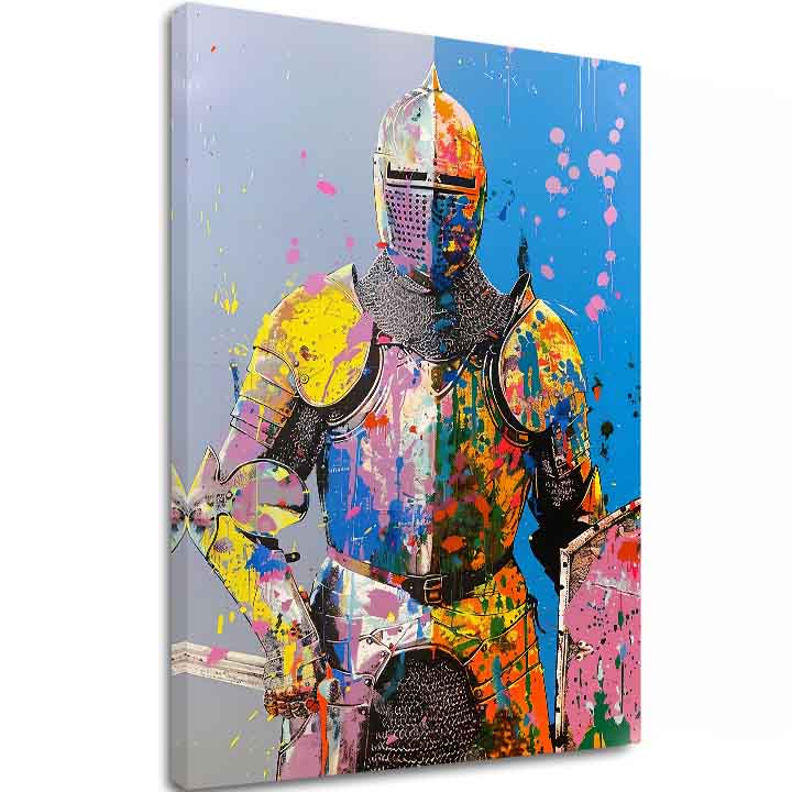 Modern vászonkép motívummal: Graffiti Knight, štít sárga-narancs árnyalatokban, energikus hangulat, erő | Kép Graffiti Knight – fő