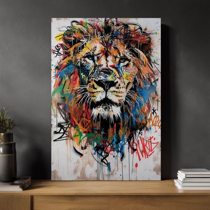 Modern vászonkép motívummal: Graffiti Lion, oroszlán fekete-narancs árnyalatokban, energikus hangulat, erő és szabadság | Kép Graffiti Lion – termék