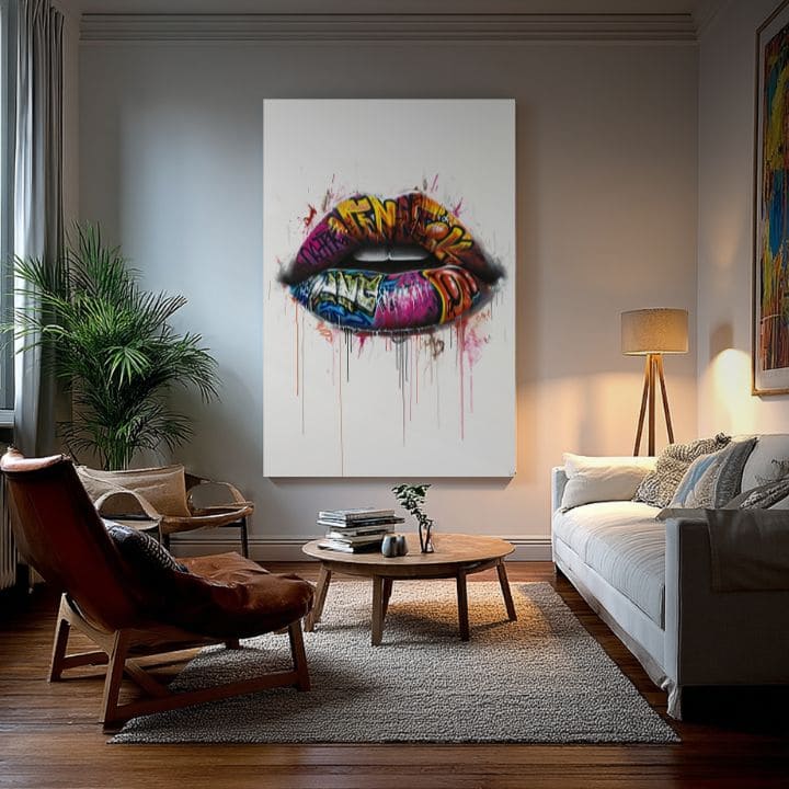 Modern vászonkép motívummal: Graffiti Lips, graffiti fehér-rózsaszín árnyalatokban, energikus hangulat | Kép Graffiti Lips – termék