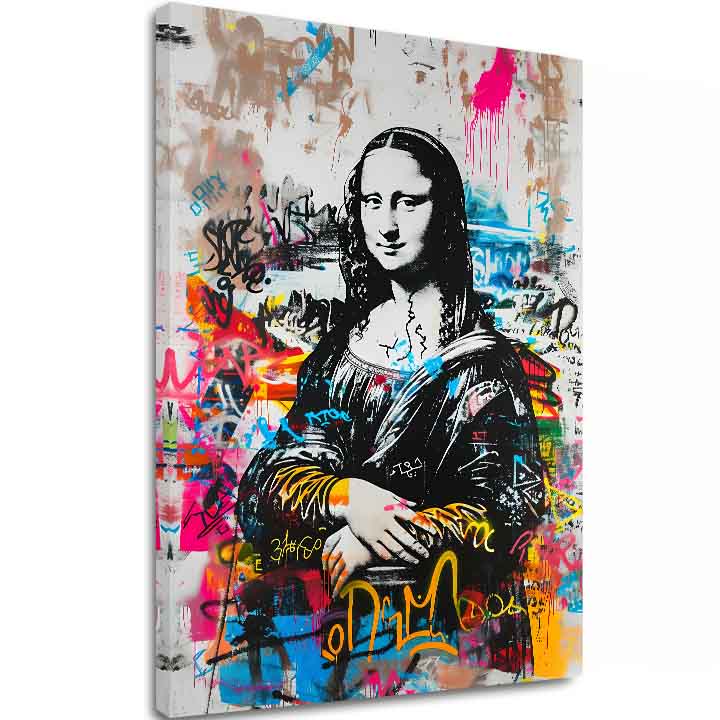 Modern vászonkép motívummal: Graffiti Mona na vásznon fekete-fehér árnyalatokban, energikus hangulat | Kép Graffiti Mona na vásznon – fő