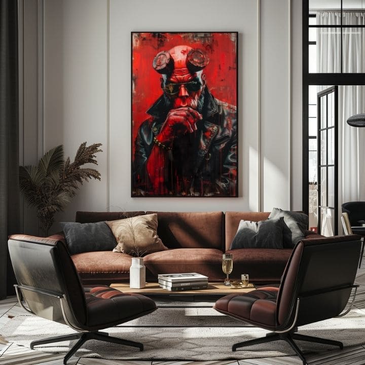 Modern vászonkép motívummal: Hellboy: Pekelný bojovník fekete-szürke árnyalatokban | Kép Hellboy: Pekelný bojovník – termék, nézet 2