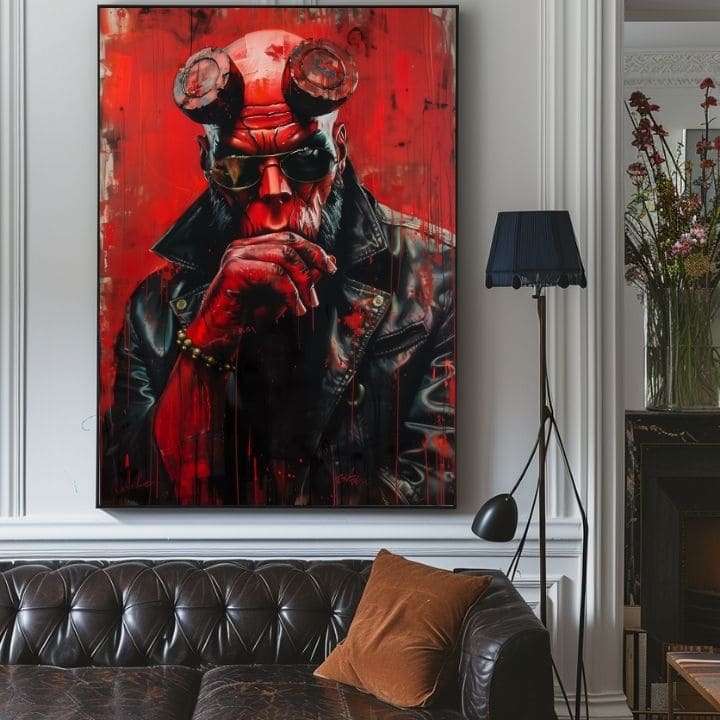 Modern vászonkép motívummal: Hellboy: Pekelný bojovník fekete-szürke árnyalatokban | Kép Hellboy: Pekelný bojovník – termék, nézet 3