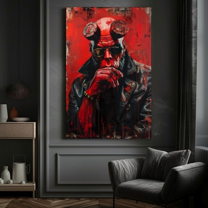 Modern vászonkép motívummal: Hellboy: Pekelný bojovník fekete-szürke árnyalatokban | Kép Hellboy: Pekelný bojovník – termék, nézet 5