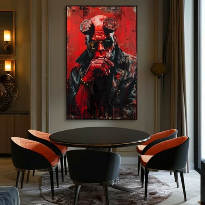 Modern vászonkép motívummal: Hellboy: Pekelný bojovník fekete-szürke árnyalatokban | Kép Hellboy: Pekelný bojovník – termék