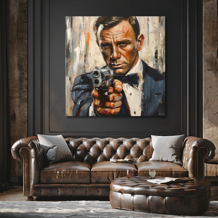 Modern vászonkép motívummal: James Bond - Nebezpečná elegancia narancs árnyalatokban, intenzív hangulat, filmvilág | Kép James Bond - Nebezpečná elegancia – termék, nézet 2