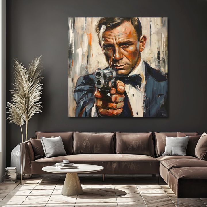 Modern vászonkép motívummal: James Bond - Nebezpečná elegancia narancs árnyalatokban, intenzív hangulat, filmvilág | Kép James Bond - Nebezpečná elegancia – termék