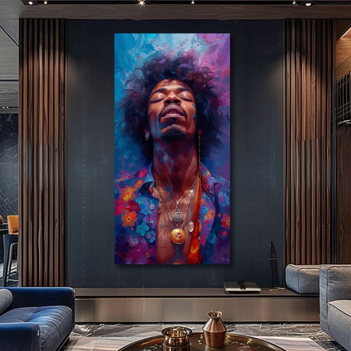 Modern vászonkép motívummal: Jimi Hendrix - Explózia harmónie kék-arany árnyalatokban, nyugodt hangulat, spiritualitás | Kép Jimi Hendrix - Explózia harmónie – termék, nézet 2
