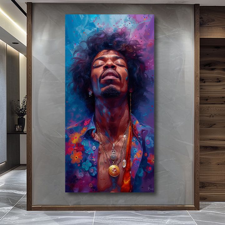 Modern vászonkép motívummal: Jimi Hendrix - Explózia harmónie kék-arany árnyalatokban, nyugodt hangulat, spiritualitás | Kép Jimi Hendrix - Explózia harmónie – termék