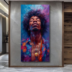 Modern vászonkép motívummal: Jimi Hendrix - Explózia harmónie kék-arany árnyalatokban, nyugodt hangulat, spiritualitás | Kép Jimi Hendrix - Explózia harmónie – termék