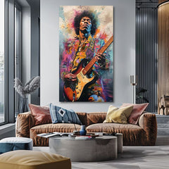 Modern vászonkép motívummal: Jimi Hendrix - Ohnivé tóny fekete-sárga árnyalatokban, energikus hangulat, rock and roll és kreativitás | Kép Jimi Hendrix - Ohnivé tóny – termék