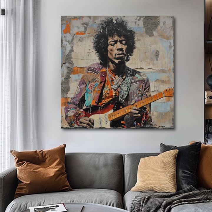 Modern vászonkép motívummal: Jimi Hendrix - Gitarová poézia kék árnyalatokban, zenei történelem | Kép Jimi Hendrix - Gitarová poézia – termék