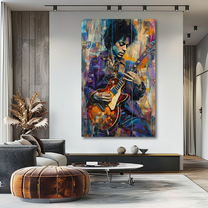Modern vászonkép motívummal: Jimi Hendrix - Gitara v plameňoch lila-fehér árnyalatokban, energikus hangulat, kreativitás | Kép Jimi Hendrix - Gitara v plameňoch – termék, nézet 2