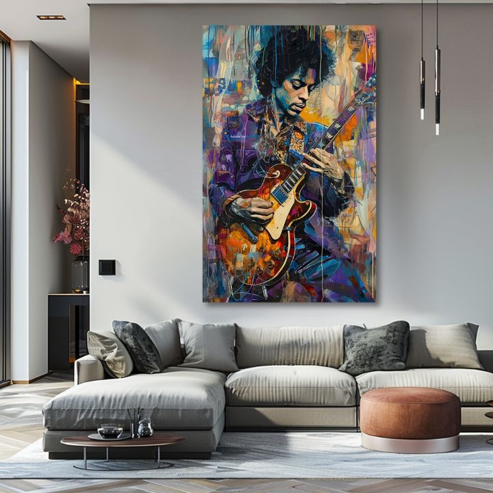 Modern vászonkép motívummal: Jimi Hendrix - Gitara v plameňoch lila-fehér árnyalatokban, energikus hangulat, kreativitás | Kép Jimi Hendrix - Gitara v plameňoch – termék