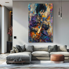Modern vászonkép motívummal: Jimi Hendrix - Gitara v plameňoch lila-fehér árnyalatokban, energikus hangulat, kreativitás | Kép Jimi Hendrix - Gitara v plameňoch – termék
